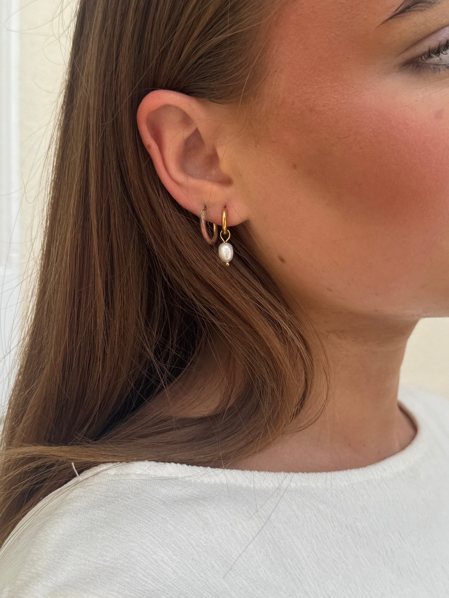 Gold Stainless Steel Mini Pearl Huggie Earrings