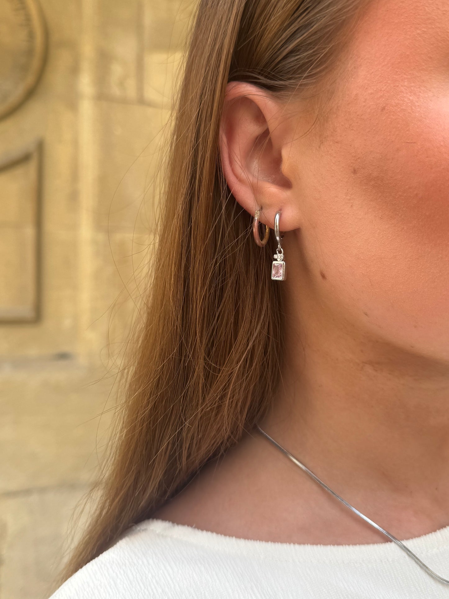 925 Sterling Silver Pink Gem Huggie Hoops
