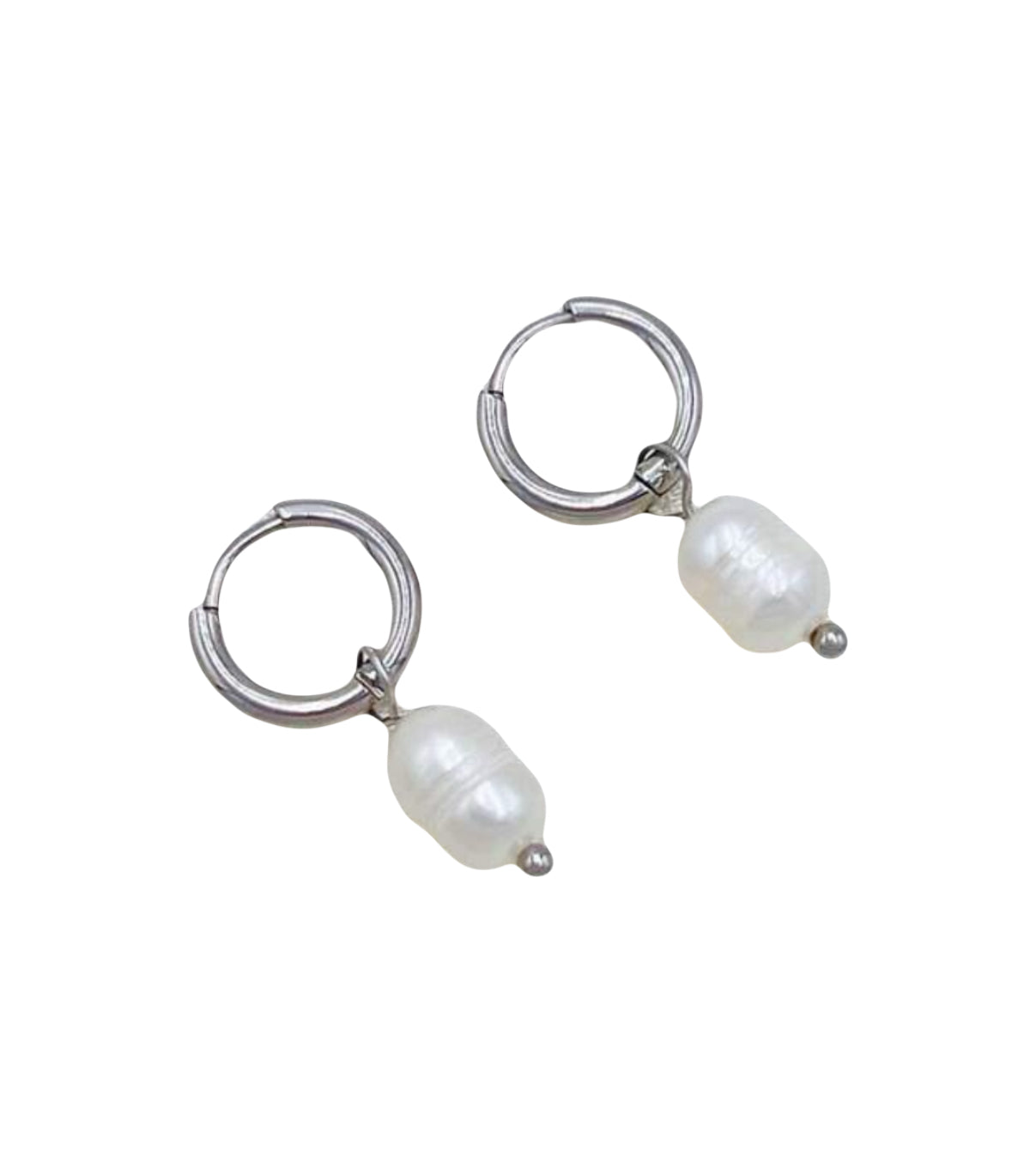 Silver Stainless Steel Mini Pearl Huggie Earrings