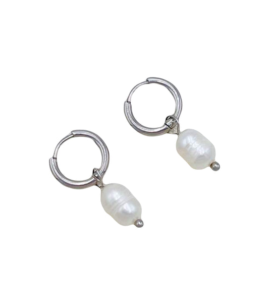 Silver Stainless Steel Mini Pearl Huggie Earrings