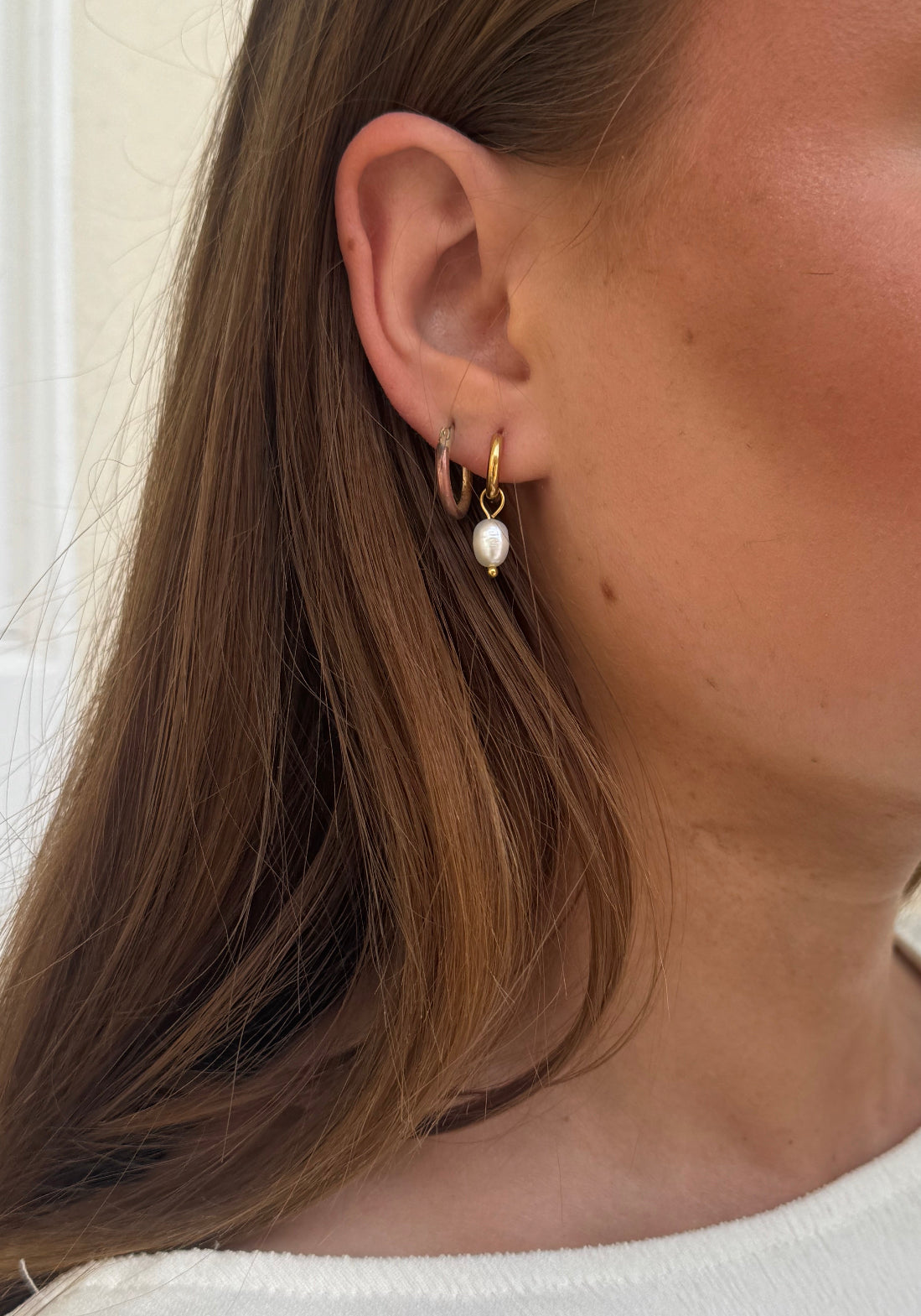 Silver Stainless Steel Mini Pearl Huggie Earrings