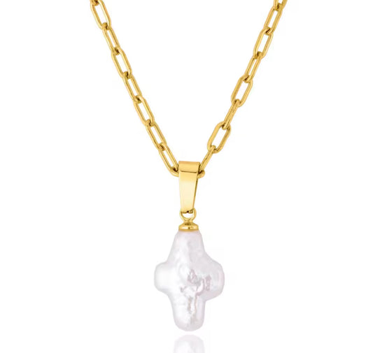 Gold Link Pearl Cross Necklace