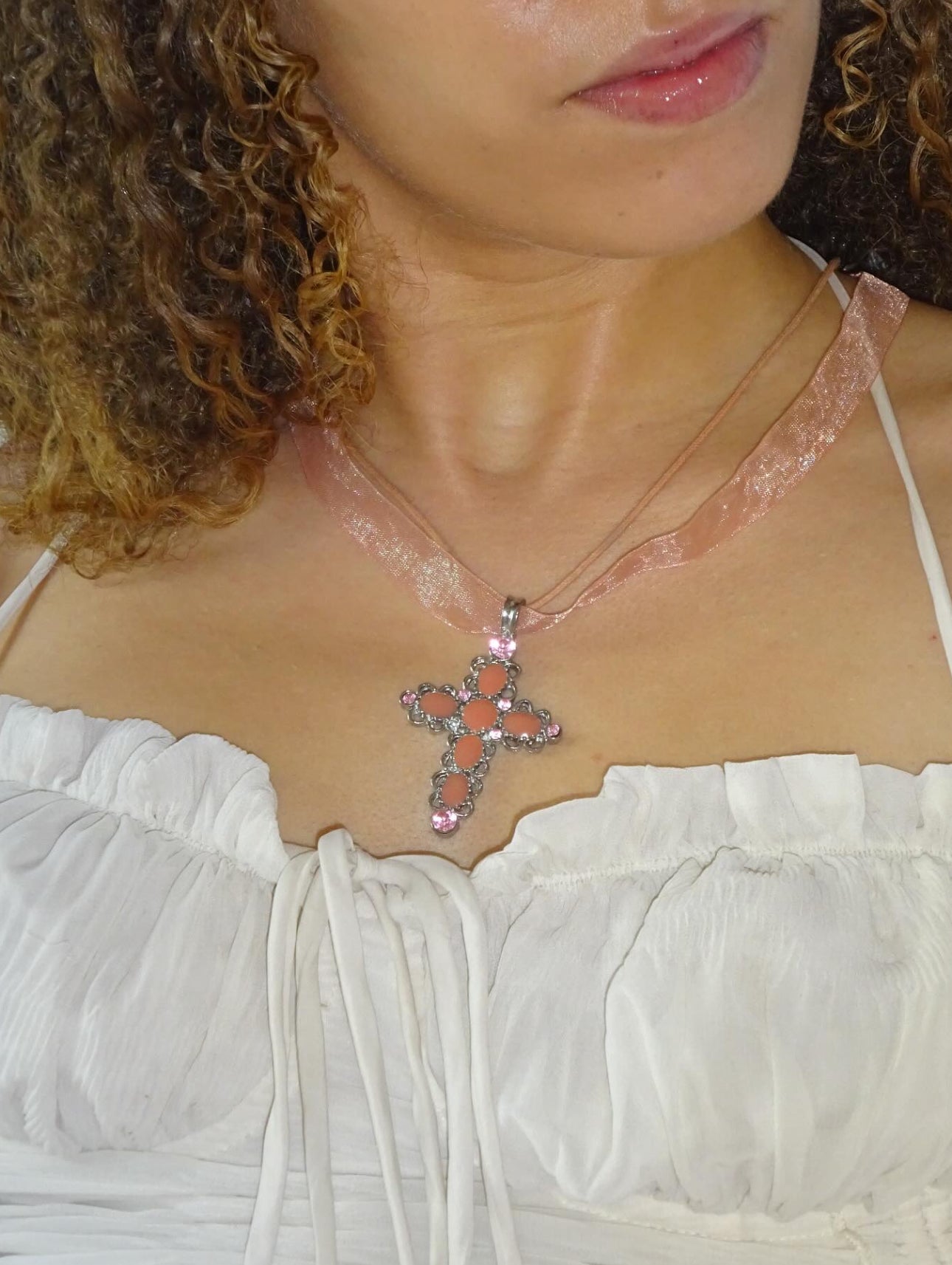 Pink 90s Cross Mesh Necklace