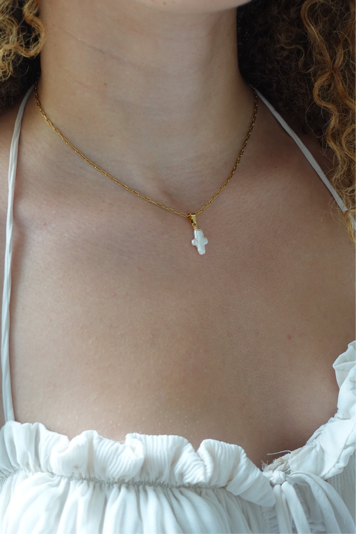 Gold Link Pearl Cross Necklace