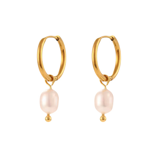 Gold Stainless Steel Mini Pearl Huggie Earrings