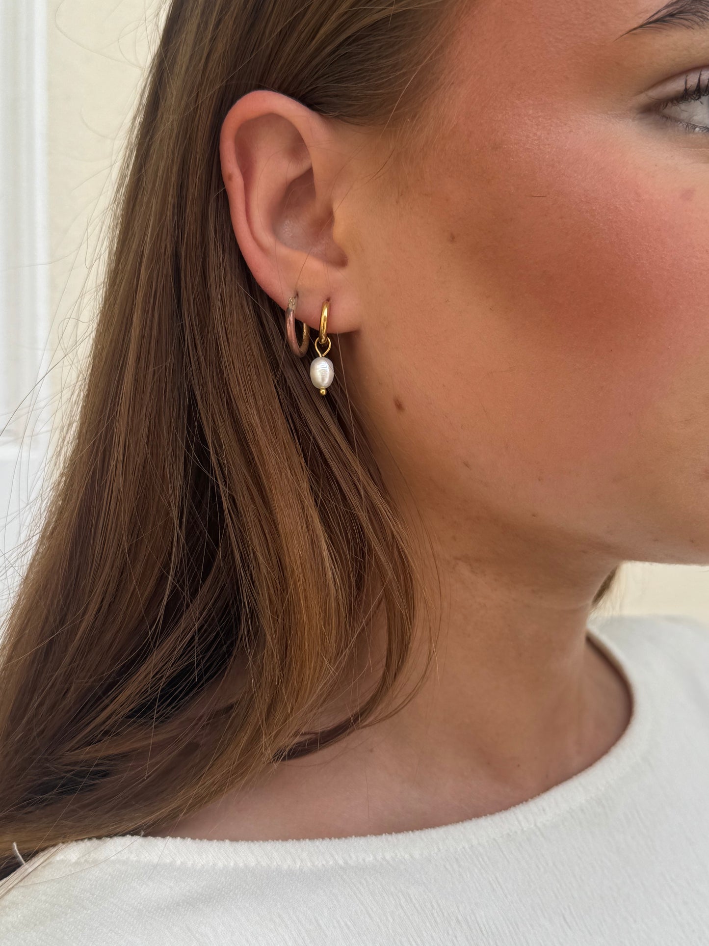 Gold Stainless Steel Mini Pearl Huggie Earrings